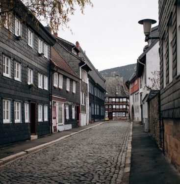 View on timbered houses and cobbled street in the historic old town of Goslar, Germany
